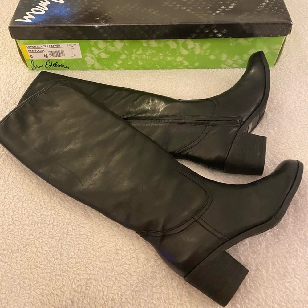 SAM EDELMAN • “Loren” • Black Knee High Leather Boots • Size 8 • New In Box!!